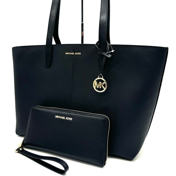 Michael Kors Medium Jet Set Travel Zip Tote Bag & Continental Wallet Black/Gold
